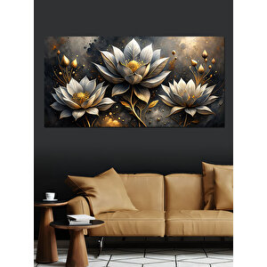 Kanvas Tablo Altın Beyaz Lotus Çiçekleri 50x100 cm