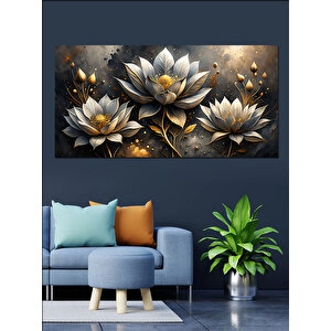 Kanvas Tablo Altın Beyaz Lotus Çiçekleri 50x100 cm