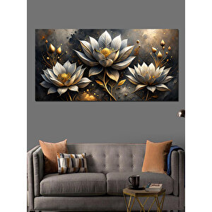 Kanvas Tablo Altın Beyaz Lotus Çiçekleri 50x100 cm