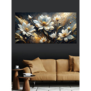 Kanvas Tablo Altın Beyaz Çiçekler 50x100 cm