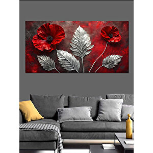 Kanvas Tablo Gümüş Yapraklar Ve Kırmızı Çiçekler 50x100 cm