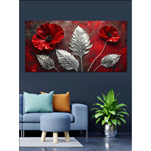 Kanvas Tablo Gümüş Yapraklar Ve Kırmızı Çiçekler 50x100 cm