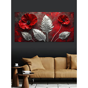 Kanvas Tablo Gümüş Yapraklar Ve Kırmızı Çiçekler 50x100 cm