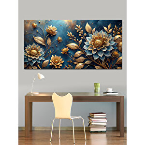 Kanvas Tablo Altın Ve Mavi Lotus Çiçekleri 70x140 cm