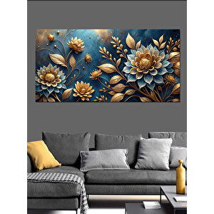 Kanvas Tablo Altın Ve Mavi Lotus Çiçekleri 70x140 cm