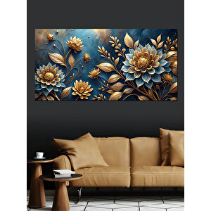 Kanvas Tablo Altın Ve Mavi Lotus Çiçekleri 70x140 cm
