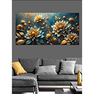 Kanvas Tablo Mavi Ve Altın Çiçekler 50x100 cm