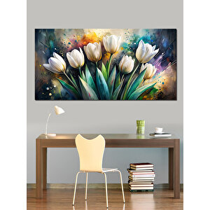 Kanvas Tablo Beyaz Ve Yeşil Laleler 50x100 cm