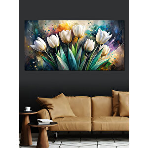 Kanvas Tablo Beyaz Ve Yeşil Laleler 50x100 cm