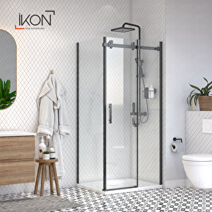 Prestige |  Dikdörtgen Sabit Panelli Siyah, Şeffaf Cam, Sürgülü Lüks Kabin 80x140 cm