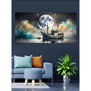 Kanvas Tablo Dolunay Ve Yelkenli Gemi 50x100 cm