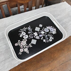 Modern Ethnic Siyah Çiçek Desenli Pleksi Servis Sunum Tepsisi 35*25 Cm Çay Kahve Tepsisi