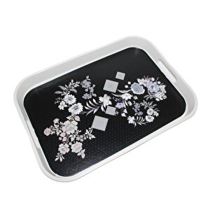 Modern Ethnic Siyah Çiçek Desenli Pleksi Servis Sunum Tepsisi 35*25 Cm Çay Kahve Tepsisi