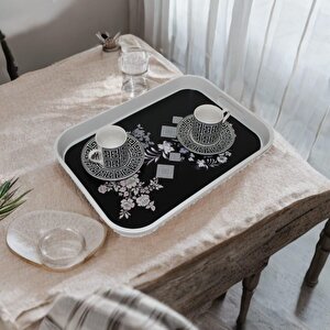 Modern Ethnic Siyah Çiçek Desenli Pleksi Servis Sunum Tepsisi 35*25 Cm Çay Kahve Tepsisi