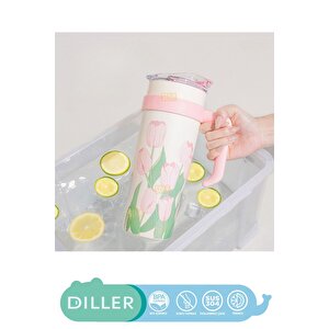 Diller 1200ml Yeni Koleksiyon Pembe Lale Desenli Tumbler Pipetli/pipetsiz Kulplu Paslanmaz Çelik Termos
