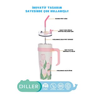 Vagonlife Diller 1200ml Yeni Koleksiyon Pembe Lale Desenli Tumbler Pipetli/pipetsiz Kulplu Paslanmaz Çelik Termos