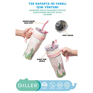 Vagonlife Diller 1200ml Yeni Koleksiyon Pembe Lale Desenli Tumbler Pipetli/pipetsiz Kulplu Paslanmaz Çelik Termos