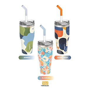 Vagonlife 590ml Desenli Pipetli/pipetsiz Çift Kullanım Tumbler Kahve Bardağı/mug Paslanmaz Çelik Termos Rainforest