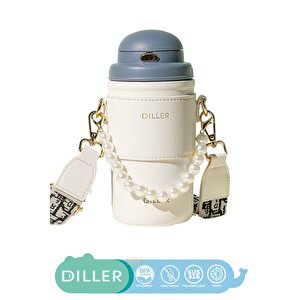 Diller 580ml Yeni Koleksiyon Moda Deri Kılıflı İnci Süslü Pipetli Askılı Paslanmaz Çelik Termos Matara Lacivert-beyaz