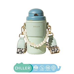 Diller 580ml Yeni Koleksiyon Moda Deri Kılıflı İnci Süslü Pipetli Askılı Paslanmaz Çelik Termos Matara Haki-mavi