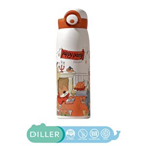 Diller 500ml Yeni Koleksiyon Sevimli Hayvanlar Desenli Rahat İçim Kilitli Kapak Paslanmaz Çelik Termos Puppy Party