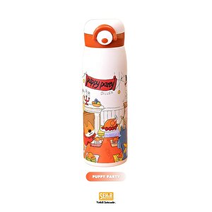 Vagonlife Diller 500ml Yeni Koleksiyon Sevimli Hayvanlar Desenli Rahat İçim Kilitli Kapak Paslanmaz Çelik Termos Puppy Party