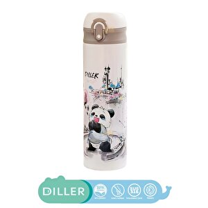Diller 480ml Yeni Koleksiyon Sevimli Hayvanlar Desenli Pipetli Kilitlenebilir Kapak Paslanmaz Çelik Termos Panda