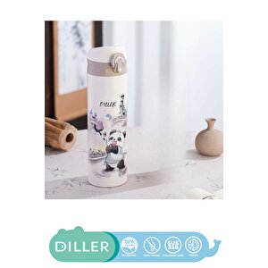 Diller 480ml Yeni Koleksiyon Sevimli Hayvanlar Desenli Pipetli Kilitlenebilir Kapak Paslanmaz Çelik Termos Panda