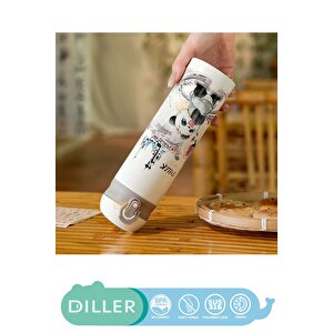 Diller 480ml Yeni Koleksiyon Sevimli Hayvanlar Desenli Pipetli Kilitlenebilir Kapak Paslanmaz Çelik Termos Panda