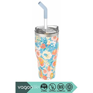 590ml Desenli Pipetli/pipetsiz Çift Kullanım Tumbler Kahve Bardağı/mug Paslanmaz Çelik Termos Flower