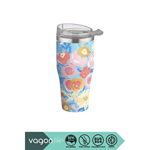 590ml Desenli Pipetli/pipetsiz Çift Kullanım Tumbler Kahve Bardağı/mug Paslanmaz Çelik Termos Flower