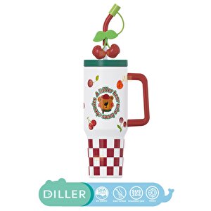Diller 1200ml Yeni Koleksiyon Sevimli Hayvanlar Tumbler Pipetli/pipetsiz Kulplu Paslanmaz Çelik Termos Kırmızı