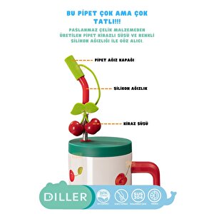 Diller 1200ml Yeni Koleksiyon Sevimli Hayvanlar Tumbler Pipetli/pipetsiz Kulplu Paslanmaz Çelik Termos Kırmızı