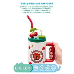 Vagonlife Diller 1200ml Yeni Koleksiyon Sevimli Hayvanlar Tumbler Pipetli/pipetsiz Kulplu Paslanmaz Çelik Termos Kırmızı