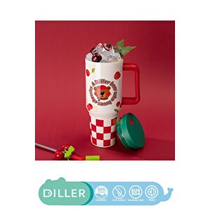 Vagonlife Diller 1200ml Yeni Koleksiyon Sevimli Hayvanlar Tumbler Pipetli/pipetsiz Kulplu Paslanmaz Çelik Termos Kırmızı