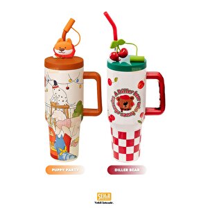 Vagonlife Diller 1200ml Yeni Koleksiyon Sevimli Hayvanlar Tumbler Pipetli/pipetsiz Kulplu Paslanmaz Çelik Termos Kırmızı