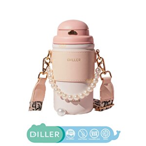 Diller 580ml Yeni Koleksiyon Moda Deri Kılıflı İnci Süslü Pipetli Askılı Paslanmaz Çelik Termos Matara Pembe
