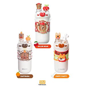 Vagonlife Diller 520ml Yeni Koleksiyon Sevimli Hayvanlar Süslü Pipetli/pipetsiz Boyun Askılı Paslanmaz Çelik Termos Diller Bear