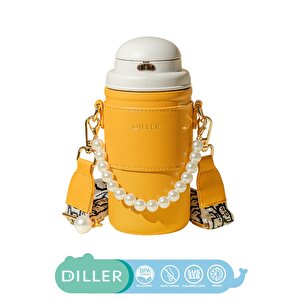 Diller 580ml Yeni Koleksiyon Moda Deri Kılıflı İnci Süslü Pipetli Askılı Paslanmaz Çelik Termos Matara Turuncu-beyaz