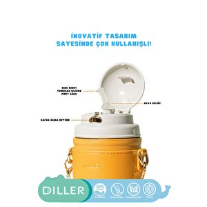 Diller 580ml Yeni Koleksiyon Moda Deri Kılıflı İnci Süslü Pipetli Askılı Paslanmaz Çelik Termos Matara Turuncu-beyaz