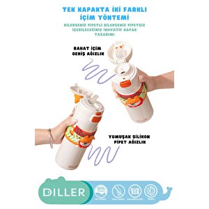 Diller 480ml Yeni Koleksiyon Sevimli Hayvanlar Süslü Pipetli/pipetsiz El Askılı Paslanmaz Çelik Termos Puppy Party