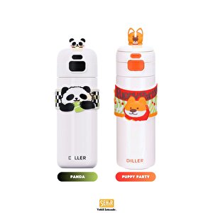 Vagonlife Diller 480ml Yeni Koleksiyon Sevimli Hayvanlar Süslü Pipetli/pipetsiz El Askılı Paslanmaz Çelik Termos Puppy Party