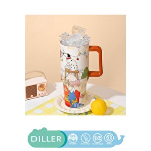 Diller 1200ml Yeni Koleksiyon Sevimli Hayvanlar Tumbler Pipetli/pipetsiz Kulplu Paslanmaz Çelik Termos Turuncu