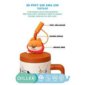 Diller 1200ml Yeni Koleksiyon Sevimli Hayvanlar Tumbler Pipetli/pipetsiz Kulplu Paslanmaz Çelik Termos Turuncu