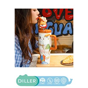 Vagonlife Diller 1200ml Yeni Koleksiyon Sevimli Hayvanlar Tumbler Pipetli/pipetsiz Kulplu Paslanmaz Çelik Termos Turuncu