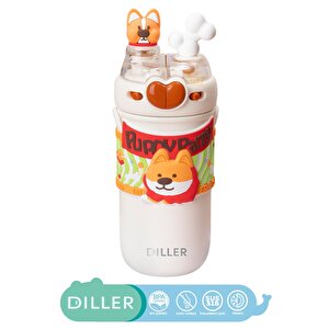 Diller 520ml Yeni Koleksiyon Sevimli Hayvanlar Süslü Pipetli/pipetsiz Boyun Askılı Paslanmaz Çelik Termos Puppy Party