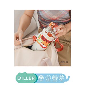 Diller 520ml Yeni Koleksiyon Sevimli Hayvanlar Süslü Pipetli/pipetsiz Boyun Askılı Paslanmaz Çelik Termos Puppy Party