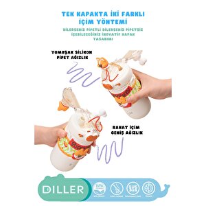 Vagonlife Diller 520ml Yeni Koleksiyon Sevimli Hayvanlar Süslü Pipetli/pipetsiz Boyun Askılı Paslanmaz Çelik Termos Puppy Party