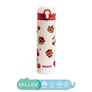 Diller 480ml Yeni Koleksiyon Sevimli Hayvanlar Desenli Pipetli Kilitlenebilir Kapak Paslanmaz Çelik Termos Diller Bear