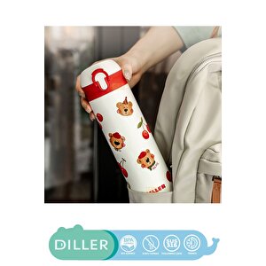 Diller 480ml Yeni Koleksiyon Sevimli Hayvanlar Desenli Pipetli Kilitlenebilir Kapak Paslanmaz Çelik Termos Diller Bear